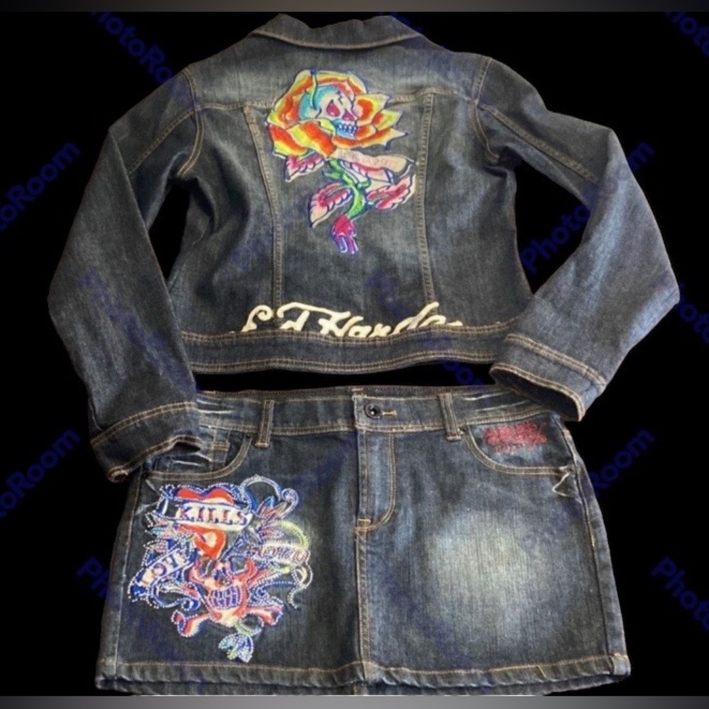 Y2K EARLY 2000s ED HARDY EMBELLISHED JEAN JACKET AND MINI SET PERFECT CONDT